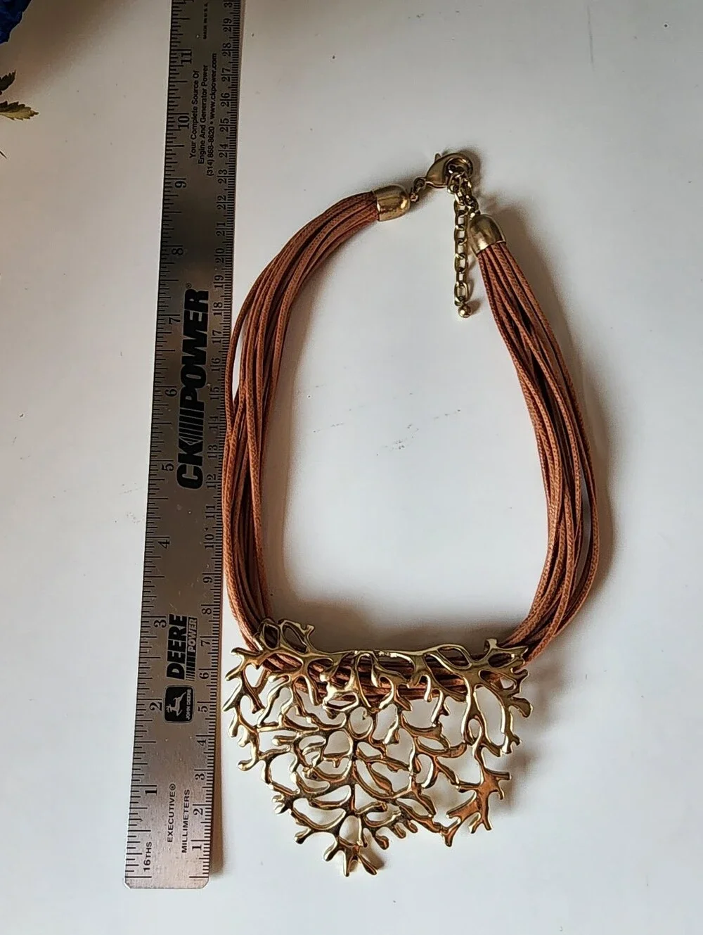 Statement Necklace Coral Branch Design  Gold Tone Multi Strand Cord Bold Boho
